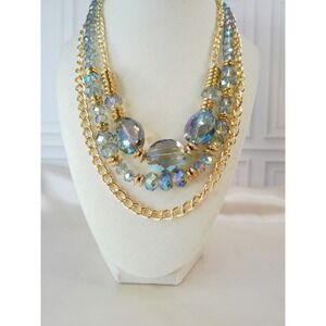 Sparkling Crystal Statement Necklace Gold Tone Multi Strand Layered